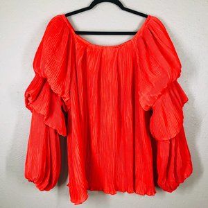 WoWo Red Orange Pleated Balloon Sleeve Blouse Top